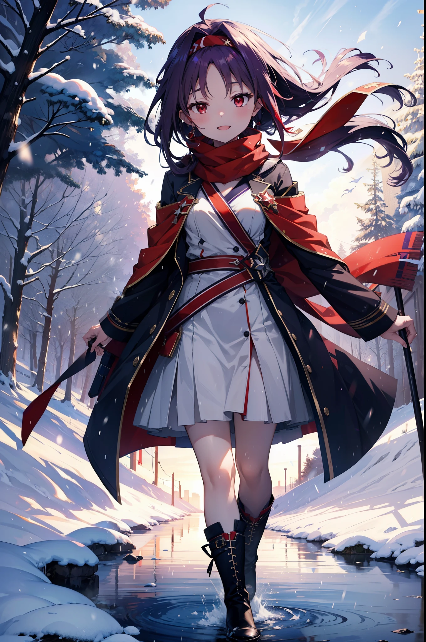 yuukikonno, Konno Yuuki, Long Hair, Pointed Ears, Purple Hair, (Red eyes:1.5), (Small breasts:1.2), Open your mouth,happy smile, smile, Open your mouth,hair band,low ponytail,Red Scarf,Purple long coat,V-neck sweater,Long skirt,short boots,snowが降っている,snowが降り積もっている,snow,snow,snow,snow,winter,Cold night,Walking,whole bodyがイラストに入るように,Looking down from above,
break looking at viewer, whole body,
break outdoors, In town,
break (masterpiece:1.2), Highest quality, High resolution, unity 8k wallpaper, (figure:0.8), (Beautiful attention to detail:1.6), Highly detailed face, Perfect lighting, Highly detailed CG, (Perfect hands, Perfect Anatomy),