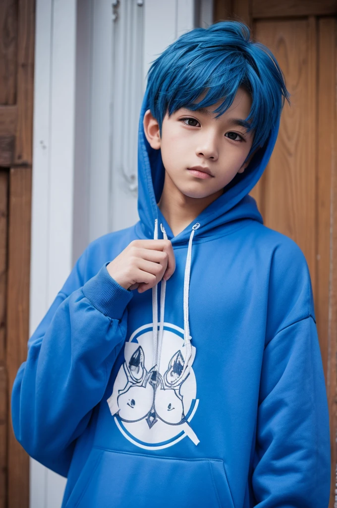 Draw a boy with blue hair and a cute sleeved hoodie