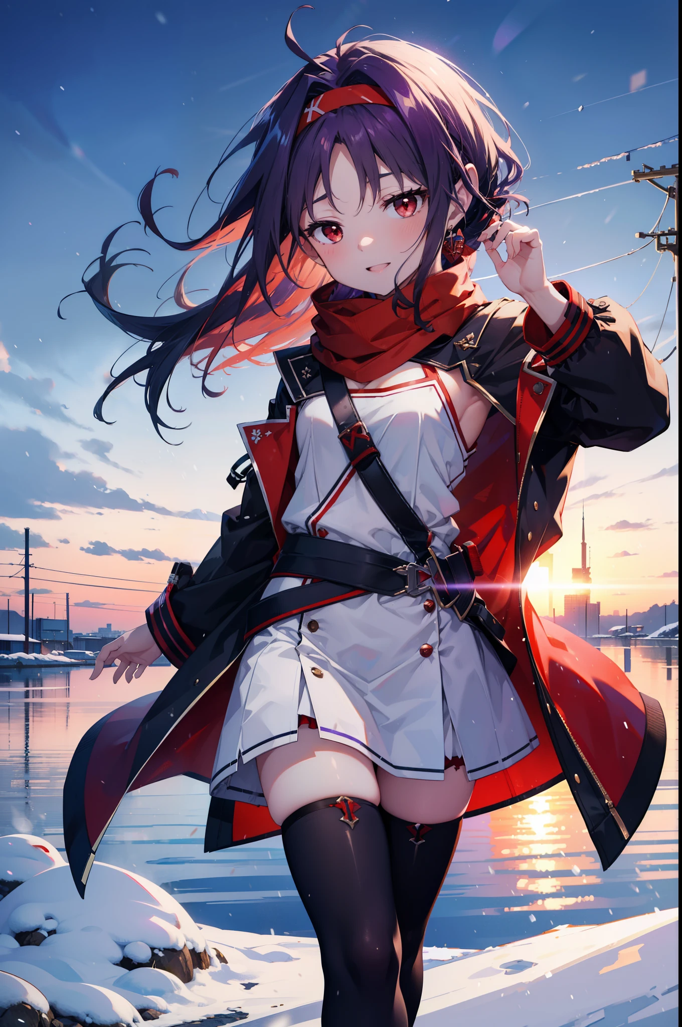 yuukikonno, Konno Yuuki, Long Hair, Pointed Ears, Purple Hair, (Red eyes:1.5), (Small breasts:1.2), Open your mouth,happy smile, smile, Open your mouth,hair band,low ponytail,Red Scarf,Purple long coat,V-neck sweater,Long skirt,short boots,snowが降っている,snowが降り積もっている,snow,snow,snow,snow,winter,Cold night,Walking,whole bodyがイラストに入るように,Looking down from above,
break looking at viewer, whole body,
break outdoors, In town,
break (masterpiece:1.2), Highest quality, High resolution, unity 8k wallpaper, (figure:0.8), (Beautiful attention to detail:1.6), Highly detailed face, Perfect lighting, Highly detailed CG, (Perfect hands, Perfect Anatomy),
