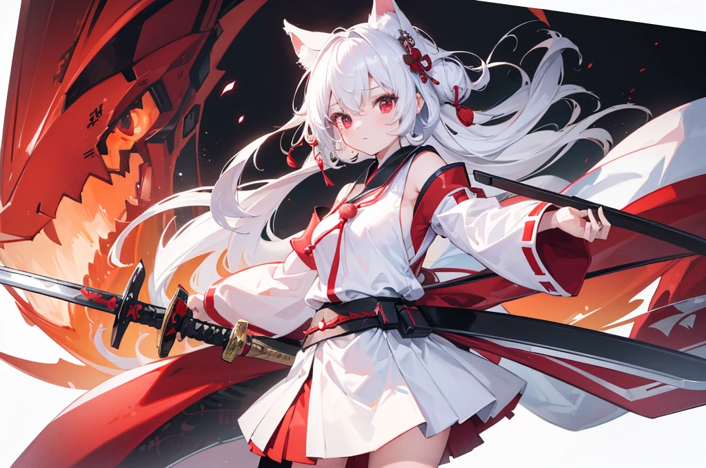 (Highest quality)　(4K)　(8k)　(High resolution)　(masterpiece:1.2)　(Super detailed)　One girl　Inubashiri Momiji　panic　(White background)　Upper Body　Hold the sword on your back