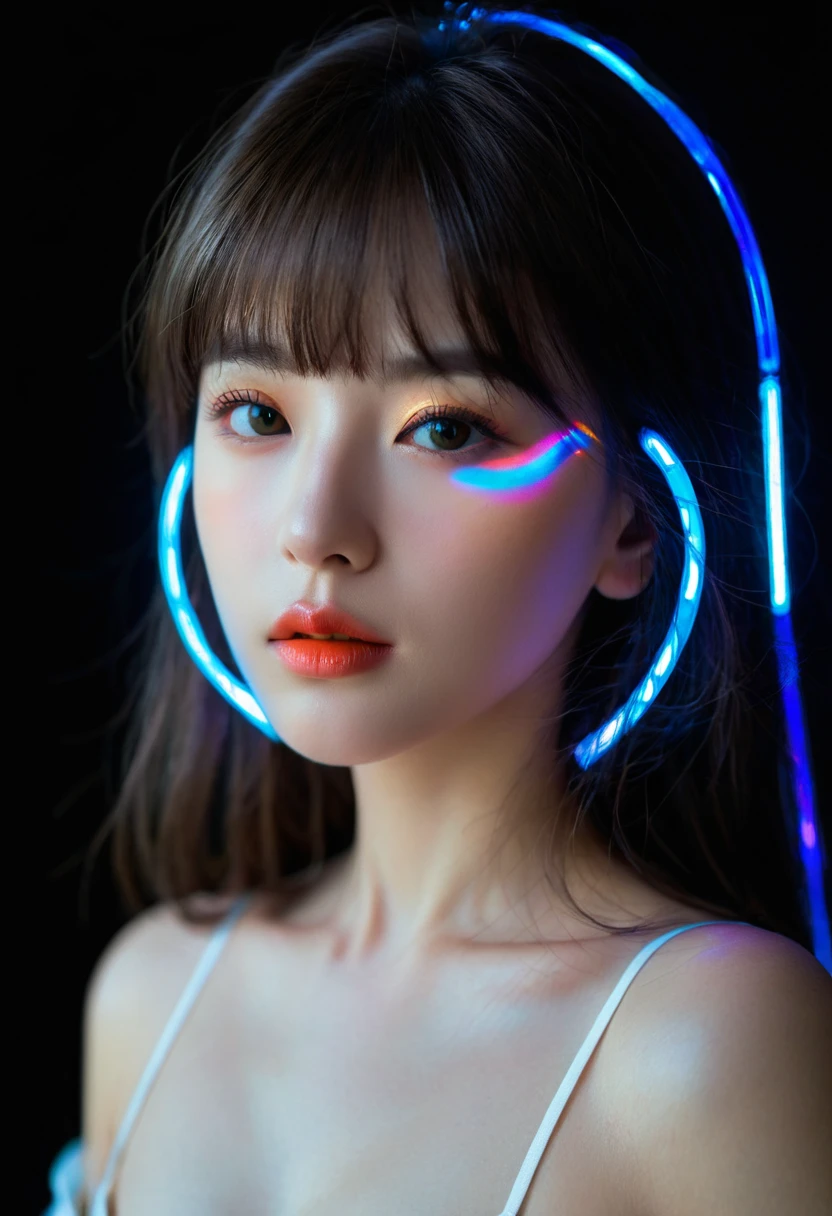8K, best quality, 1 girl, (Skin Indentation), night, (dark), Indoor clear background, (people), Beautiful bangs, Gorgeous,, (Clothing and:1.3),Soft lighting, attractive, dark Room, (mouth close:1.2, beautiful eyes, Exquisite eyes, Detailed iris, Beautiful lips, Beautiful nose, Pretty Face),(primary color:1.5),(Ambient Light:1.5),(Neon lights:1.8),(Radioluminescence:1.3)