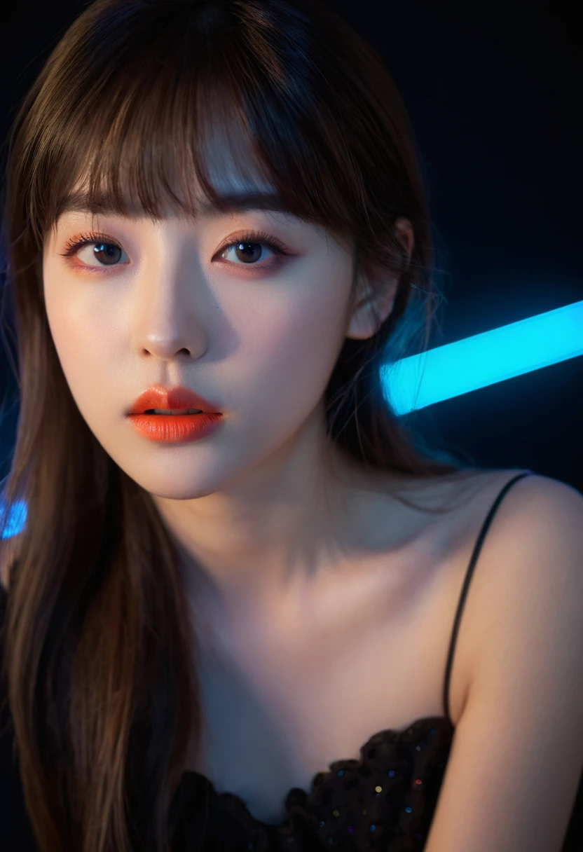 8K, best quality, 1 girl, (Skin Indentation), night, (dark), Indoor clear background, (people), Beautiful bangs, Gorgeous,, (Clothing and:1.3),Soft lighting, attractive, dark Room, (mouth close:1.2, beautiful eyes, Exquisite eyes, Detailed iris, Beautiful lips, Beautiful nose, Pretty Face),(primary color:1.5),(Ambient Light:1.5),(Neon lights:1.8),(Radioluminescence:1.3)