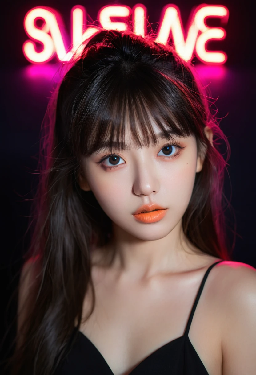 8K, best quality, 1 girl, (Skin Indentation), night, (dark), Indoor clear background, (people), Beautiful bangs, Gorgeous,, (Clothing and:1.3),Soft lighting, attractive, dark Room, (mouth close:1.2, beautiful eyes, Exquisite eyes, Detailed iris, Beautiful lips, Beautiful nose, Pretty Face),(primary color:1.5),(Ambient Light:1.5),(Neon lights:1.8),(Radioluminescence:1.3)