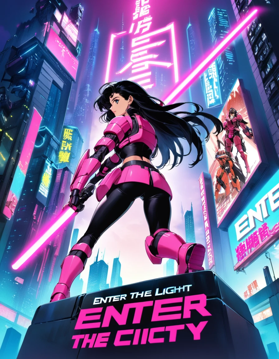 (1980s anime style), (movie poster:1.2), (title logo “ENTER THE LIGHT CITY”:1.2), cyberpunk city background, vibrant neon, cyber samurai girl, black hair, long hair, hold light saber, pink cyber samurai armor, (action pose), from {above|below|side|behind}, battle stance, robot squadron
