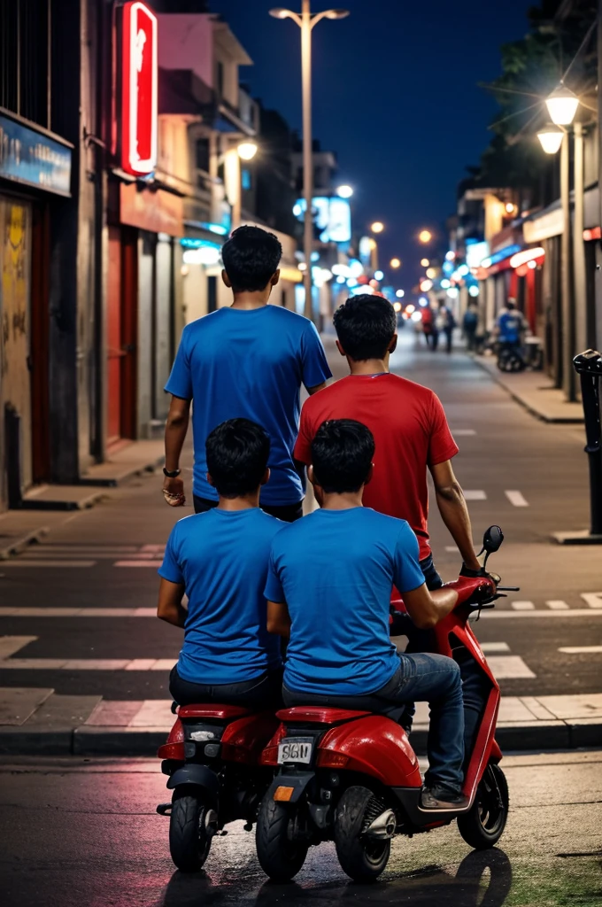 Two men are riding on first one is riding and second one is sit on the scooter it is night on street wearing blue t shirt and color of scooter is red,backside view