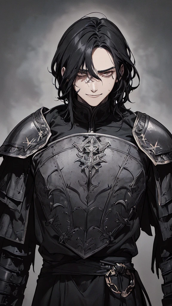 Highest quality, (background_detailed), expensive_Contrast, detailed_original_figure, Warrior, Muscular, Villain Face, Armor, full_body, Medieval, Wrinkles between the eyes, Young people, 20-year-old male, dark_stitch_landscape, (dramatic_Lighting:1. 25), (Shaded_background:1.2), black_hair, (short black hair:) 1.1 ), Big numbers, Delicate face, Wicked Smile, Sharp eyes, Black background, (Black background:1.5), Beautiful line art, 白black