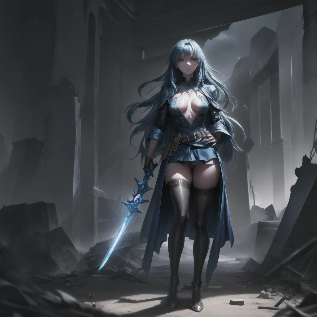 ( high quality , Very detailed, look at your hands ),One Woman,Blue Hair,Long Hair,Female Swordsman,Last,Revealing clothing,Waist belt,Without skirt,No cape,No underwear,High heels,Serious face,Inside the ruins,