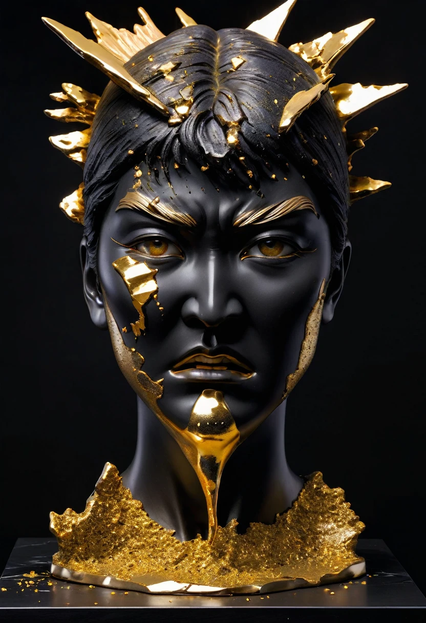 (angry facial expressions),Perfect eyes,((exhibit，Still Life Table，Artistic statues，3D Sculpture，ceramics，Surface cracks，Shattered Texture)), Show the beauty of nature.Kaneko，Gold Dust，portrait， This artwork is presented on a black background，Emphasize its artistic quality.
