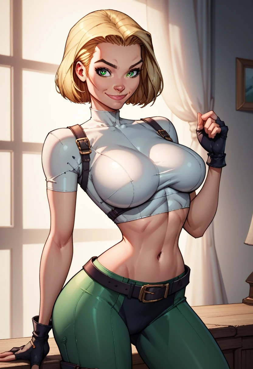 score_9, score_8_up, score_7_up,score_6_up, score_5_up, score_4_up, detailed soft lighting, 1girl, solo, large breasts, AchaseDG, hort hair, blonde hair, green eyes, plain white shirt, black gloves, crop top, green and black pants, belt, fingerless gloves, (tight clothes:1.3), on the Danger yacht, standing, provocative poses, looking at viewer, smile, closed mouth, (masterpiece, best quality, highly detailed, beautiful).