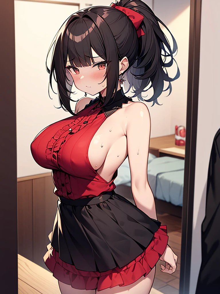 NSFW Standing pose Anime drawing with vivid colors Tall woman:1.9 Black and red frilly idol-style sexy cosplay costume miniskirt, beautiful back, fluttering multiple frill skirt, dancing, troubled face, glaring, wrinkles on the brow, sweat, flushed cheeks, night:1.3 Apartment bedroom, white sheets, short black hair, ponytail:1.9 Straight hair, bangs swept to the side:1.9. Slanted eyes, brown eyes, tall, big breasts, strong-willed, beautiful