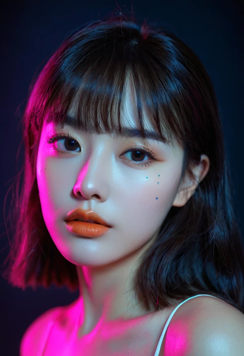 8k, best quality, 1 Girl, (Skin Indentation), night, (dark), Indoor clear background, (people), Beautiful bangs, Gorgeous,, (Clothing and:1.3),Soft lighting, attractive, dark Room, (mouth close:1.2, beautiful eyes, Delicate eyes, Detailed iris, Beautiful lips, Beautiful nose, Pretty Face),(primary color:1.5)，(Ambient Light:1.5)，(Neon light:1.8),(Radioluminescence:1.3),Cyberpunk
