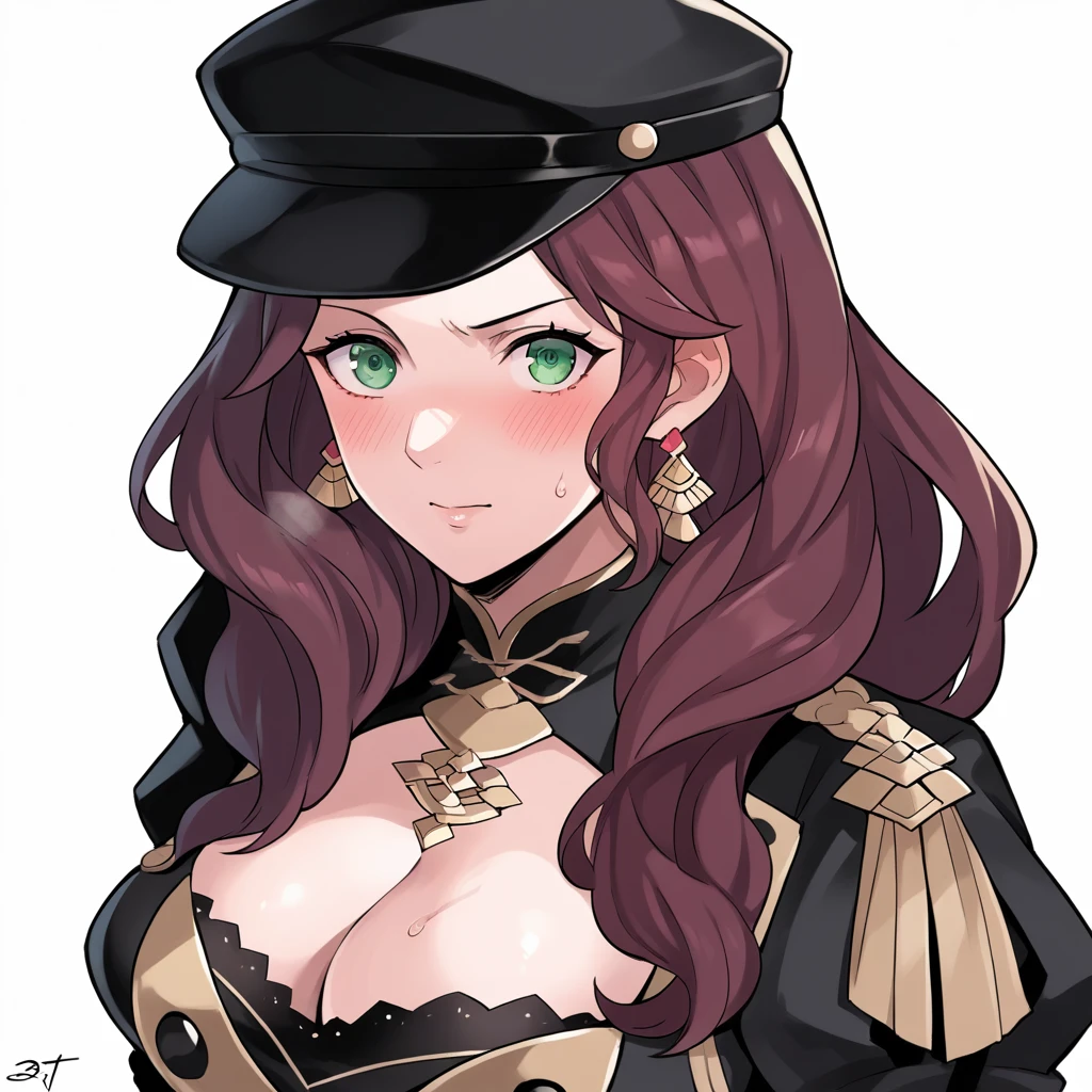 score_9, score_8_up, score_7_up, source_anime, Dorothea (Fire Emblem), bust shot, mldortgm, black headwear, (black uniform), brown hair, dangle earrings, gold trim, green eyes, jewelry, large breasts, cleavage, long hair, black peaked cap, black hat, looking at the viewer, blush, sweat