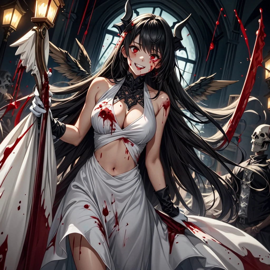 (Highest quality,4K,High resolution,masterpiece:1.2),Very detailed,Realistic:1.37,Spooky altar background,Dark fantasy,Red color scheme,Ominous atmosphere,Eye-catching,Storytelling,anatomy,Anime Style,Concept Art,beautiful細部までこだわった顔と (((Red eyes ))),Terrifying Ritual ,Satanic Ritual,Untimely Death,Unjust act,Crazy Smile,Scythe Face,Girl Monster, beautiful, Delicate facial features, Sharp Eye, Sharp Fangs, Pale skin, Thick chain, Dark Background, Cinema Lighting, Dramatic Shadows, Gothic style, Gloomy atmosphere, Dark fantasy, One Girl, , Please open your mouth wide, Open your mouth and baring your teeth,Sharp teeth like a beast, Wide lips, very wide mouth, Vermilion cheeks, ,(Blood splatter:1.4),Scary smile, laugh at,Fallen angel design, Twisted smile、Bloodstained、bleeding from the head,,、Blood splatter、,(Blood splatter:1.4),Crossbones, skull,Horror Style, ((Fantasy Fallen Angel Costume)), ((Flowing black hair)), ,(Blood splatter:1.4),Female curves, Sexy flat stomach, Perfect hands, Perfect anime face, ((White ta Dress)), Are standing, ((Wicked Smile)), ,(Blood splatter:1.4), Steam circulates, Moonlight Illumination, night lighting, disaster々new devil horns,,(Blood splatter:1.6),アニメFallen angel design, Twisted smile、Bloodstained、bleeding from the head,,、Blood splatter、,(Blood splatter:1.4),Crossbones, skull,Gothic architecture、Western architecture、Fantasy World、,Victorian cities, Skeleton Gaslight,