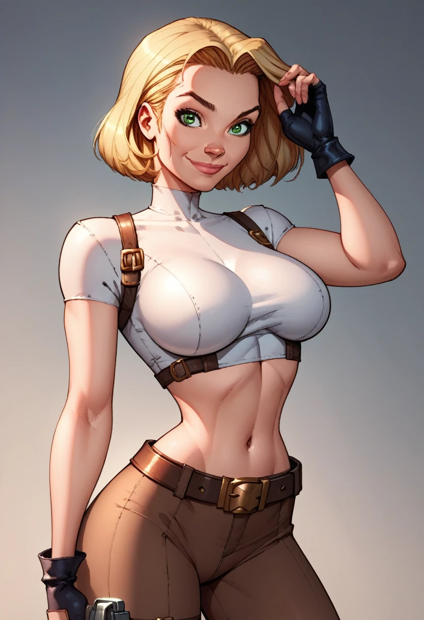 score_9, score_8_up, score_7_up,score_6_up, score_5_up, score_4_up, detailed soft lighting, 1girl, solo, large breasts, AchaseDG, hort hair, blonde hair, green eyes, plain white shirt, black gloves, crop top, brown shorts, belt, fingerless gloves, (tight clothes:1.3), on the Danger yacht, standing, provocative poses, looking at viewer, smile, closed mouth, (masterpiece, best quality, highly detailed, beautiful).