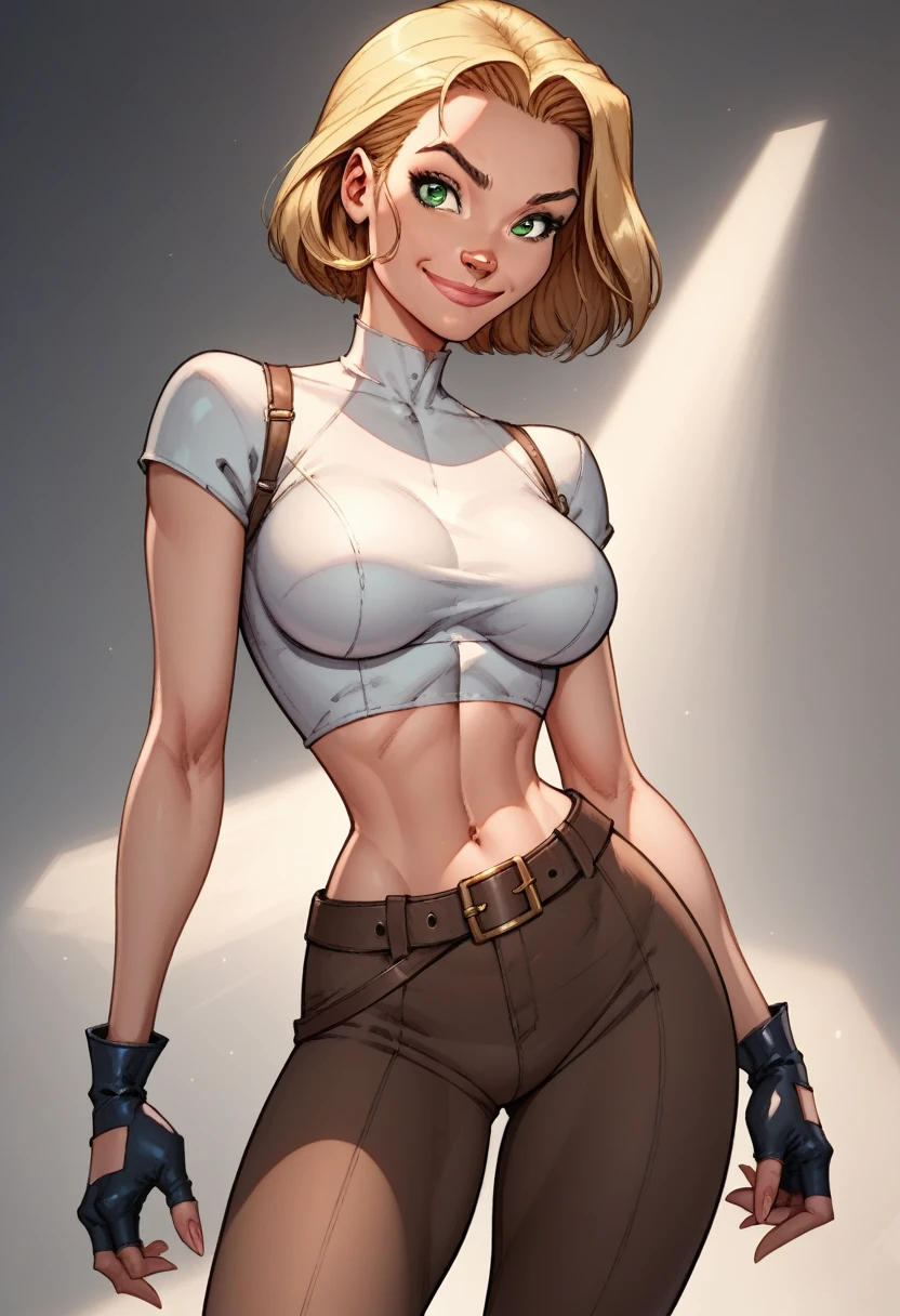 score_9, score_8_up, score_7_up,score_6_up, score_5_up, score_4_up, detailed soft lighting, 1girl, solo, large breasts, AchaseDG, hort hair, blonde hair, green eyes, plain white shirt, black gloves, crop top, brown shorts, belt, fingerless gloves, (tight clothes:1.3), on the Danger yacht, standing, provocative poses, looking at viewer, smile, closed mouth, (masterpiece, best quality, highly detailed, beautiful).