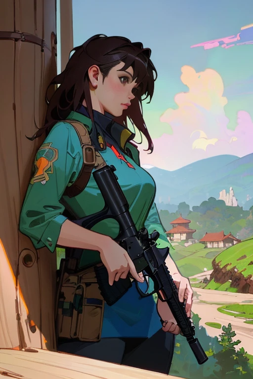 Woman with a gun, Hunter, sharp details, the expanse wood mountain colony, intricate, highly detailed, digital painting, rich color, smooth, sharp focus, illustration, Unreal Engine 5, 8k, art by artgerm and greg rutkowski and alphonse mucha