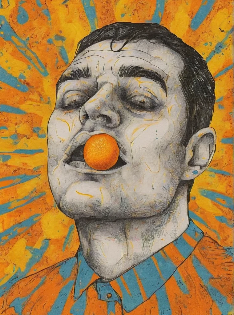 close your eyes, food, Male Focus, Orange background, Orange Theme, Traditional Media, Yellow background, Yellow theme , Pop Surrealism ,