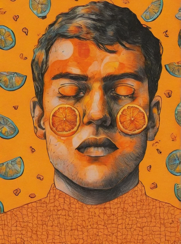 close your eyes, food, Male Focus, Orange background, Orange Theme, Traditional Media, Yellow background, Yellow theme , Pop Surrealism ,