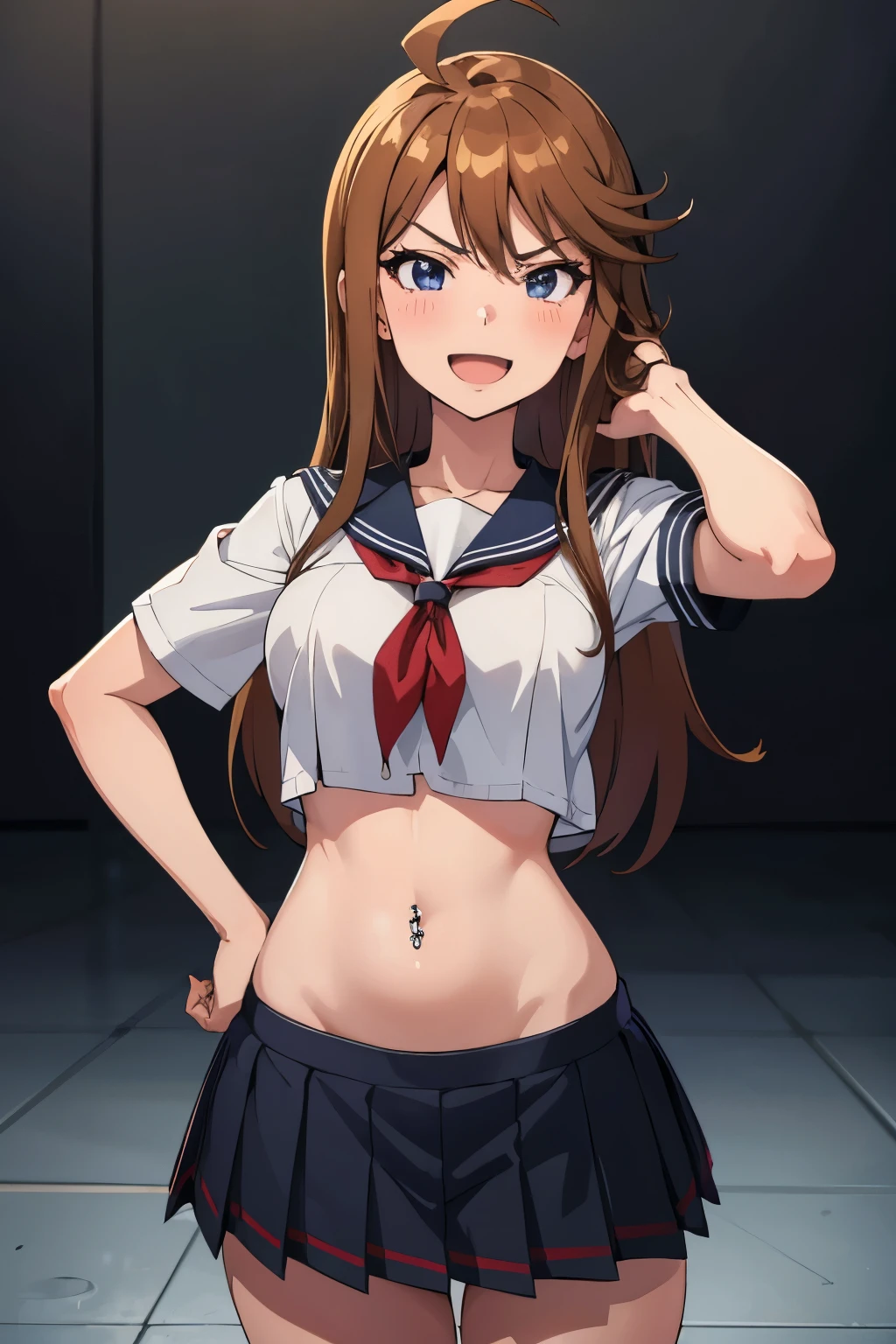 (masterpiece, best quality, ultra detailed), (perfect face, detailed face), (detailed background, complex background:1.2), full-face blush, smile, looking at viewers,
megumi tokoro,  long hair, blush, lipstick, Hot girl, baddie, staring, glaring, bad attitude, mean girl, dare, angry, hate, crazy, smoking, sensual, attractive, masterpiece, best quality, highly detailed, a anime girls in sailor uniforms with a gun posing for a picture, evil smile, smile, open mouth,black_serafuku, ecchi anime style, anime girls , (nsfw) not safe for work, ecchi style, ecchi, shipgirls, digital anime art!!, high school girls, holding a gun, hold a gun, anime style 4 k, micro skirt, exposed belly, exposed navel, exposed midriff, exposed lower belly,school, classroom, navel piercing