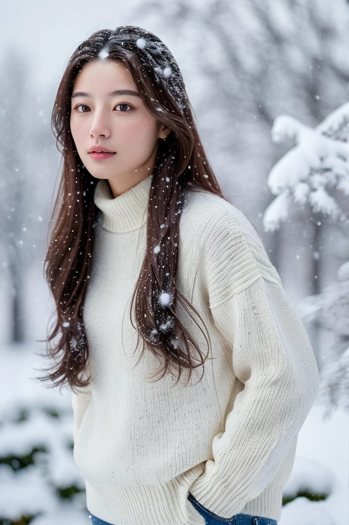 (masterpiece:1.35),(best-quality:1.4),8k,ultra-detailed,photography,(ultra-realistic:1.4), adult girl, long hair, sweater, snowing background,