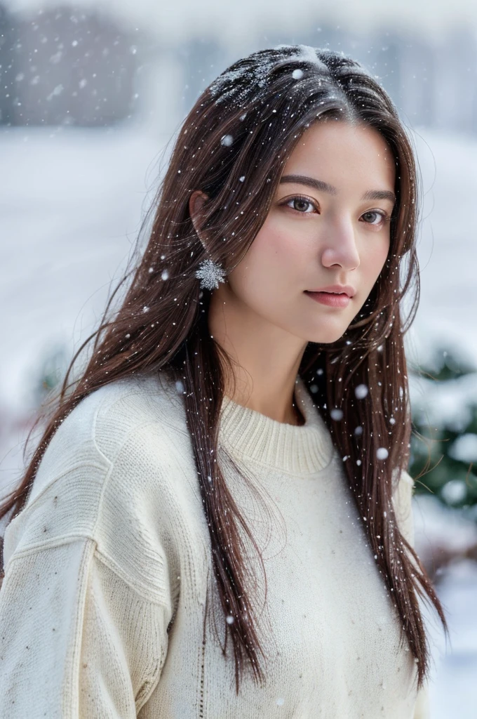 (masterpiece:1.35),(best-quality:1.4),8k,ultra-detailed,photography,(ultra-realistic:1.4), adult girl, long hair, sweater, snowing background,