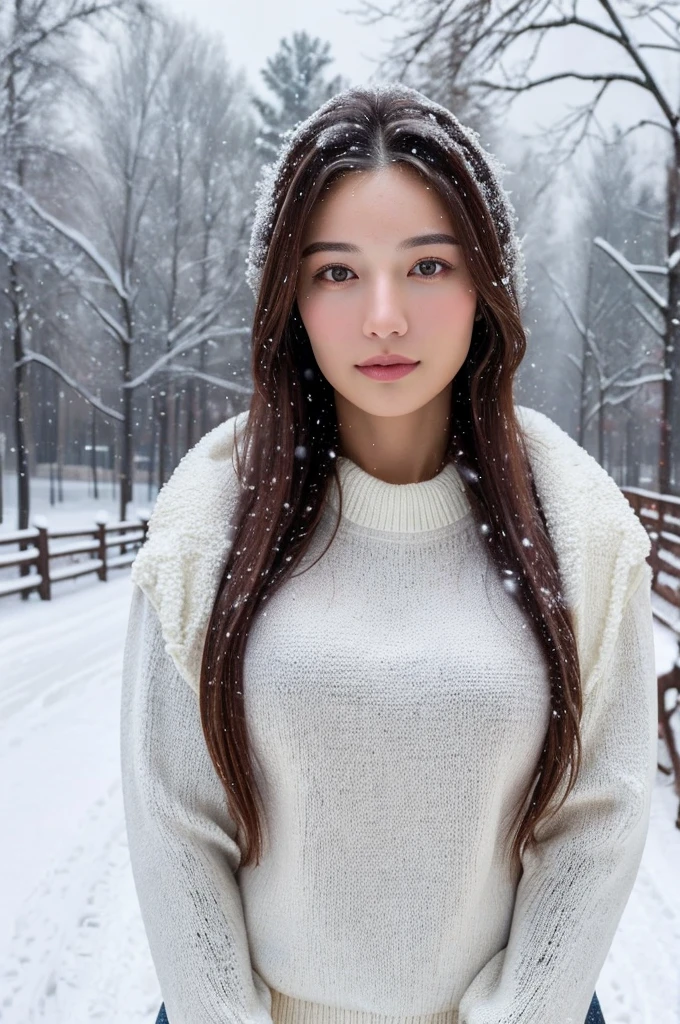 (masterpiece:1.35),(best-quality:1.4),8k,ultra-detailed,photography,(ultra-realistic:1.4), adult girl, long hair, sweater, snowing background,