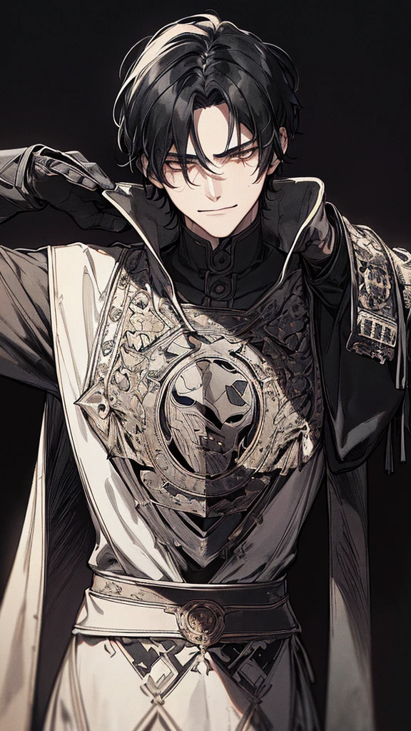 Highest quality, (background_detailed), expensive_Contrast, detailed_original_figure, Warrior, Muscular, Villain Face, Armor, full_body, Medieval, Wrinkles between the eyes, Young people, 20-year-old male, dark_stitch_landscape, (dramatic_Lighting:1. 25), (Shaded_background:1.2), black_hair, (short black hair:) 1.1 ), Big numbers, Delicate face, Wicked Smile, Sharp eyes, Black background, (Black background:1.5), Beautiful line art, 白black