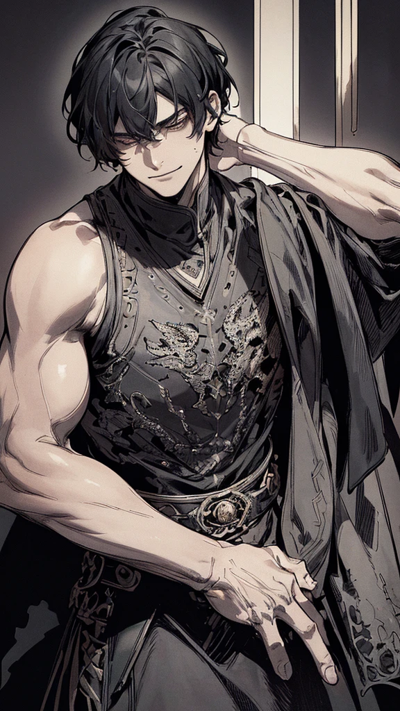 Highest quality, (background_detailed), expensive_Contrast, detailed_original_figure, Warrior, Muscular, Villain Face, Armor, full_body, Medieval, Wrinkles between the eyes, Young people, 20-year-old male, dark_stitch_landscape, (dramatic_Lighting:1. 25), (Shaded_background:1.2), black_hair, (short black hair:) 1.1 ), Big numbers, Delicate face, Wicked Smile, Sharp eyes, Black background, (Black background:1.5), Beautiful line art, 白black