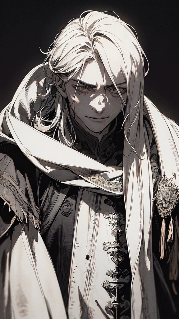 Best quality, (background_detail), high_contrast, detail_original_illustration, warrior, muscular, villain face, armored, full_body, medieval, crease between eyes, young man, man in 20s, dark_stitch_landscape, (dramatic_lighting:1. 25), (shaded_background:1.2), black_hair, (short black hair:) 1.1 ), Large figure, Delicate face, Evil smile, Sharp eyes, Black background, (Black background:1.5), Beautiful line drawing, Black and white