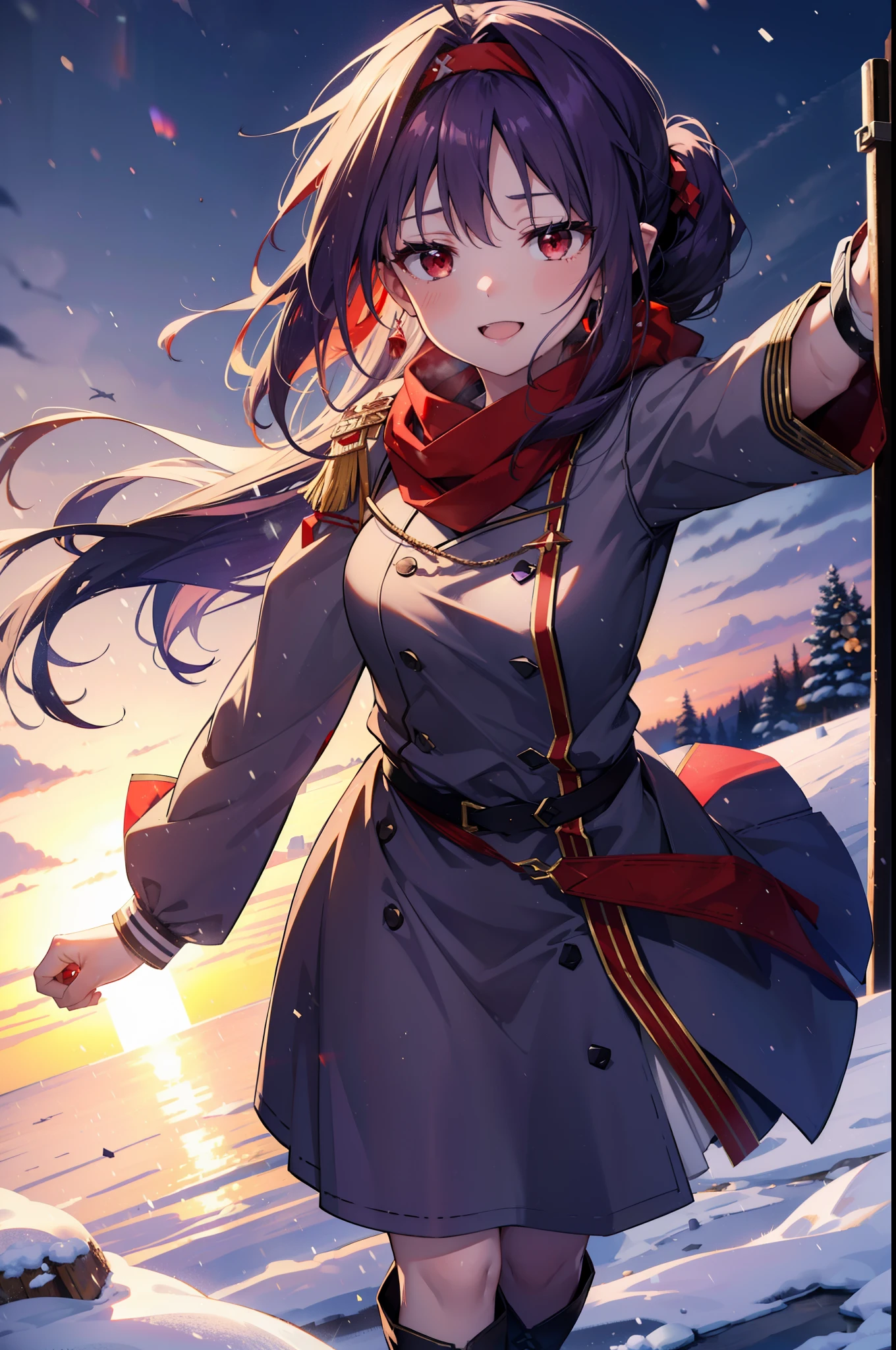 yuukikonno, Konno Yuuki, Long Hair, Pointed Ears, Purple Hair, (Red eyes:1.5), (Small breasts:1.2), Open your mouth,happy smile, smile, Open your mouth,hair band,low ponytail,Red Scarf,Purple long coat,V-neck sweater,Long skirt,short boots,snowが降っている,snowが降り積もっている,snow,snow,snow,snow,winter,Cold night,Walking,whole bodyがイラストに入るように,Looking down from above,
break looking at viewer, whole body,
break outdoors, In town,
break (masterpiece:1.2), Highest quality, High resolution, unity 8k wallpaper, (figure:0.8), (Beautiful attention to detail:1.6), Highly detailed face, Perfect lighting, Highly detailed CG, (Perfect hands, Perfect Anatomy),