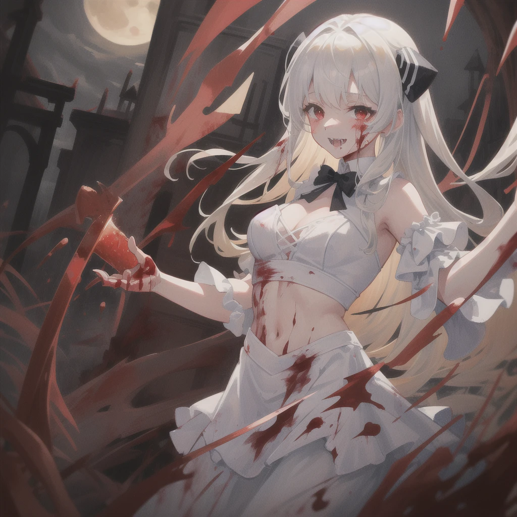 (Highest quality,4K,High resolution,masterpiece:1.2),Very detailed,Realistic:1.37,Spooky altar background,Dark fantasy,Red color scheme,Ominous atmosphere,Eye-catching,Storytelling,anatomy,Anime Style,Concept Art,beautiful細部までこだわった顔と (((Red eyes ))),Terrifying Ritual ,Satanic Ritual,Untimely Death,Unjust act,Crazy Smile,Scythe Face,Girl Monster, beautiful, Delicate facial features, Sharp Eye, Sharp Fangs, Pale skin, Thick chain, Dark Background, Cinema Lighting, Dramatic Shadows, Gothic style, Gloomy atmosphere, Dark fantasy, One Girl, , Please open your mouth wide, Open your mouth and baring your teeth,Sharp teeth like a beast, Wide lips, very wide mouth, Vermilion cheeks, ,(Blood splatter:1.4),Scary smile, laugh at,Fallen angel design, Twisted smile、Bloodstained、bleeding from the head,,、Blood splatter、,(Blood splatter:1.4),Crossbones, skull,Horror Style, ((Fantasy Fallen Angel Costume)), ((Flowing black hair)), ,(Blood splatter:1.4),Female curves, Sexy flat stomach, Perfect hands, Perfect anime face, ((White ta Dress)), Are standing, ((Wicked Smile)), ,(Blood splatter:1.4), Steam circulates, Moonlight Illumination, night lighting, disaster々new devil horns,,(Blood splatter:1.6),アニメFallen angel design, Twisted smile、Bloodstained、bleeding from the head,,、Blood splatter、,(Blood splatter:1.4),Crossbones, skull,Gothic architecture、Western architecture、Fantasy World、,Victorian cities, Skeleton Gaslight,