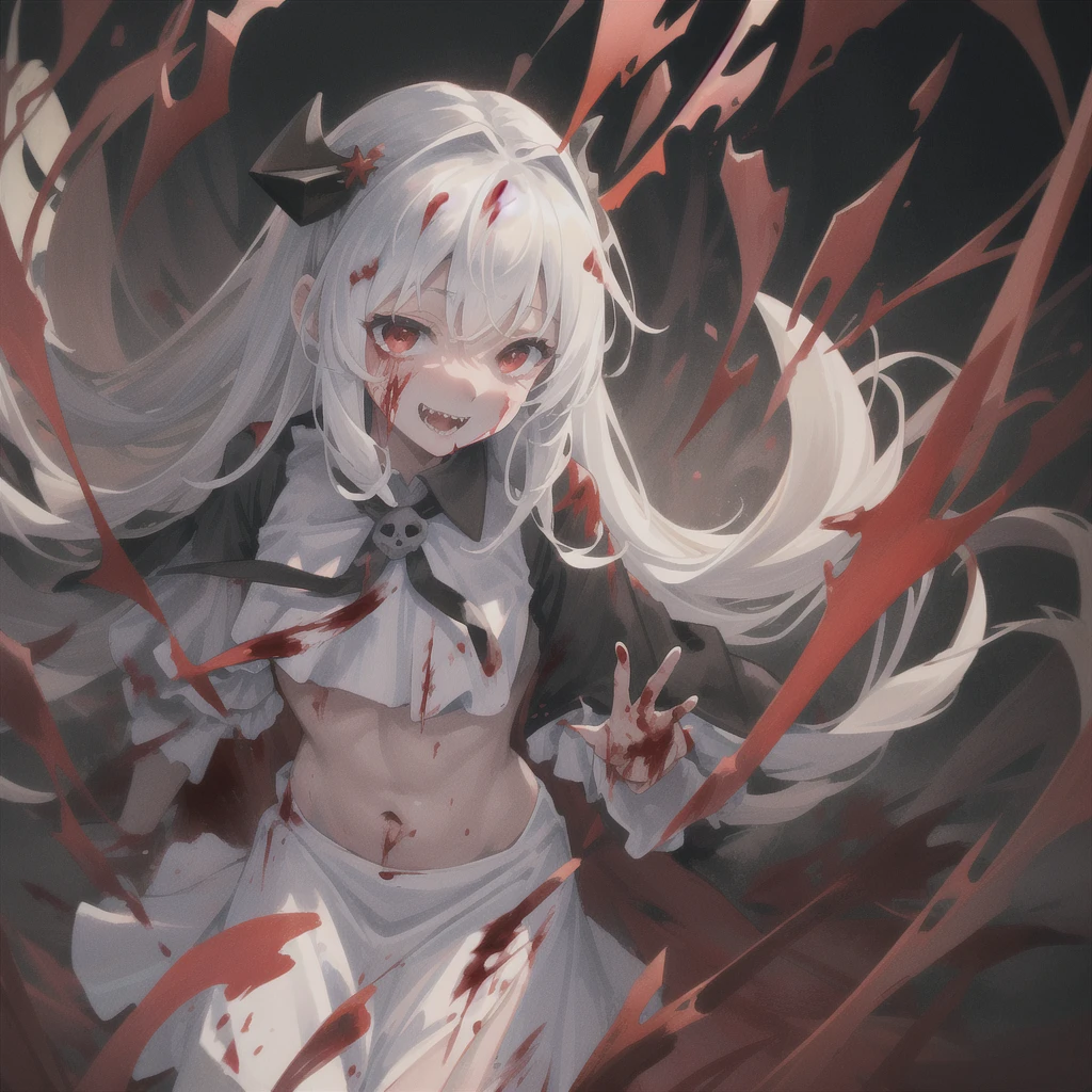 (Highest quality,4K,High resolution,masterpiece:1.2),Very detailed,Realistic:1.37,Spooky altar background,Dark fantasy,Red color scheme,Ominous atmosphere,Eye-catching,Storytelling,anatomy,Anime Style,Concept Art,beautiful細部までこだわった顔と (((Red eyes ))),Terrifying Ritual ,Satanic Ritual,Untimely Death,Unjust act,Crazy Smile,Scythe Face,Girl Monster, beautiful, Delicate facial features, Sharp Eye, Sharp Fangs, Pale skin, Thick chain, Dark Background, Cinema Lighting, Dramatic Shadows, Gothic style, Gloomy atmosphere, Dark fantasy, One Girl, , Please open your mouth wide, Open your mouth and baring your teeth,Sharp teeth like a beast, Wide lips, very wide mouth, Vermilion cheeks, ,(Blood splatter:1.4),Scary smile, laugh at,Fallen angel design, Twisted smile、Bloodstained、bleeding from the head,,、Blood splatter、,(Blood splatter:1.4),Crossbones, skull,Horror Style, ((Fantasy Fallen Angel Costume)), ((Flowing black hair)), ,(Blood splatter:1.4),Female curves, Sexy flat stomach, Perfect hands, Perfect anime face, ((White ta Dress)), Are standing, ((Wicked Smile)), ,(Blood splatter:1.4), Steam circulates, Moonlight Illumination, night lighting, disaster々new devil horns,,(Blood splatter:1.6),アニメFallen angel design, Twisted smile、Bloodstained、bleeding from the head,,、Blood splatter、,(Blood splatter:1.4),Crossbones, skull,Gothic architecture、Western architecture、Fantasy World、,Victorian cities, Skeleton Gaslight,