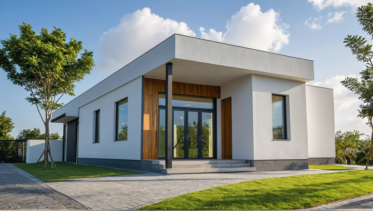 Masterpiece, high quality, best quality, authentic, super detail, outdoors, onestoreyvillaXL, aiaigroup, house style modern on the street ,stairs, white wall ,road,pavement, grass, trees, sky, cloud, (daylight:1.1)
