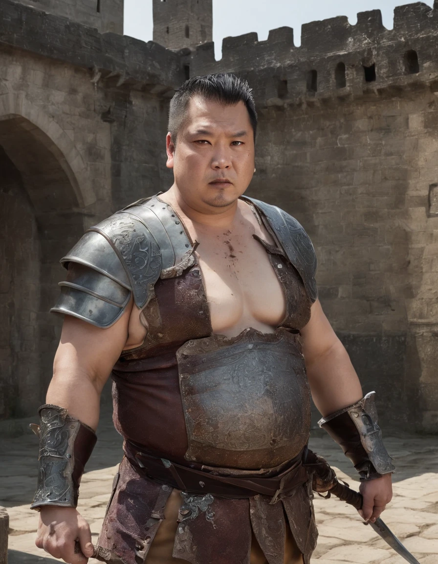 Male, Fat, Chubby, Asian, 50 years old, Stained, Dirty, Wet, not wearing a shirt, Shirtless, Knight, armor, sword, horse, castle.