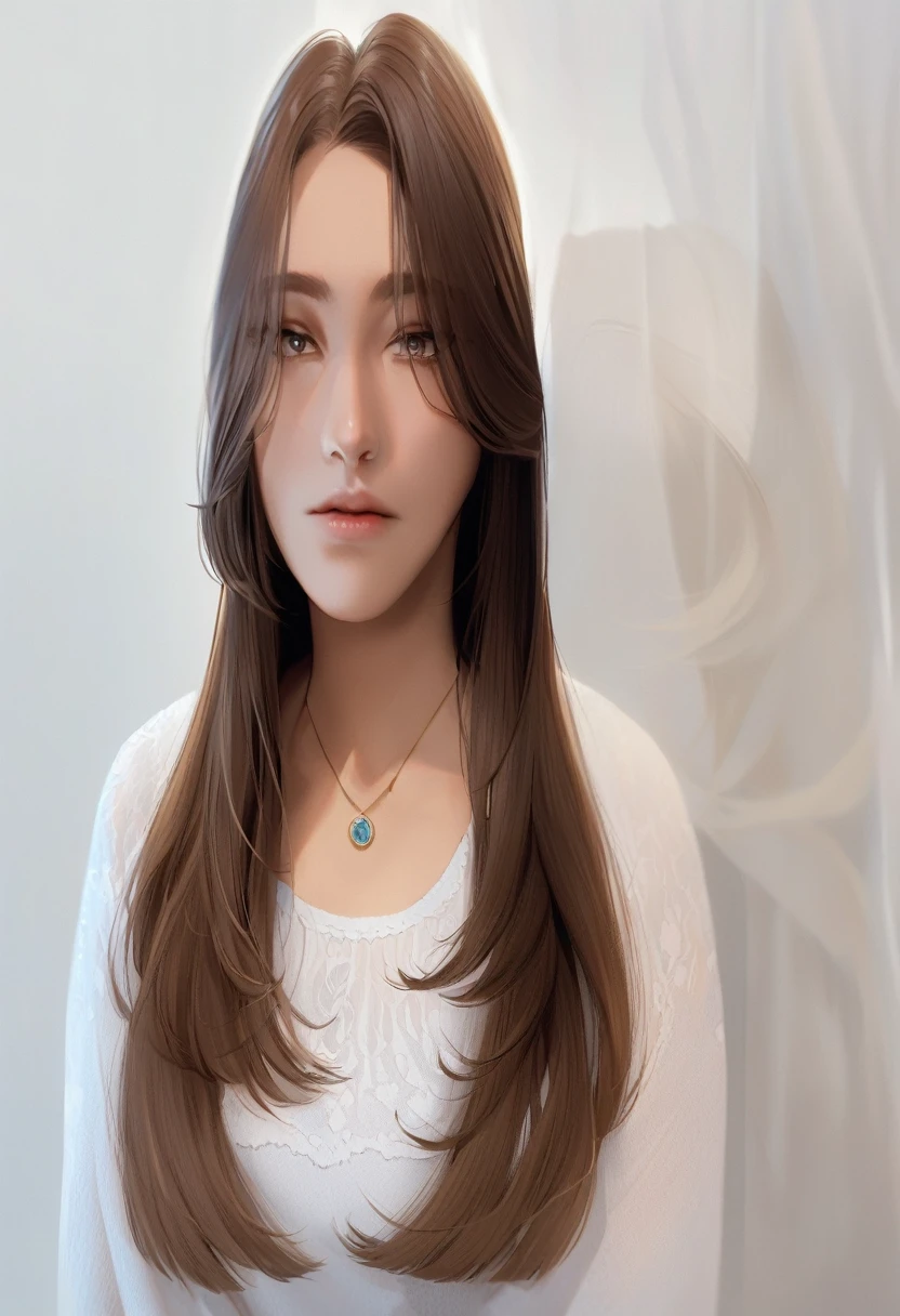 Araped woman with long brown hair and white shirt, brown long hair, long haircut, curtain bangs, hime cut, medium length hair카락, medium length hair, straight hairstyle, with long hair, medium long hair, Brown flowing hair, shag cut, brown long hair with bangs, Brown bangs, with a round face, Medium-length brunette.