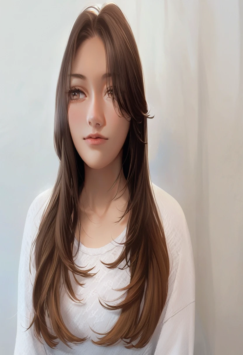 Araped woman with long brown hair and white shirt, brown long hair, long haircut, curtain bangs, hime cut, medium length hair카락, medium length hair, straight hairstyle, with long hair, medium long hair, Brown flowing hair, shag cut, brown long hair with bangs, Brown bangs, with a round face, Medium-length brunette.