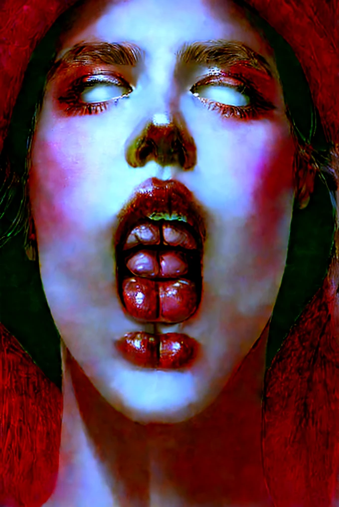 ((masterpiece))), (((best quality))), ((super detailed)), (highly detailed computer illustration), ((extremely delicate and beautiful)), Dynamic Angle, Perspective, High Point,pov(from below:1.4), obscene large smile, drooling 
color paintAn obscure face,sideways glance, (cold attitude,eyeshadow,eyeliner:1.1),(red lips:1.5),watery eyes, makeup smeared,
jewelryearringsarm tattoofull-body tattoo, neck tattoo(long legs:1.3)big breasts,
((((dramatic))), (((gritty))), (((intense)))A shot with tensionVisual impact,giving the poster a dynamic and visually striking appearance, viscerally obsurd, malevolence, nightmarish dreams converge,
Hyperdetailed,  imaginatively exagerated, gothic macbre masterworks of obsurd surrealism. Ominous tone, dreamlike hell trip 

