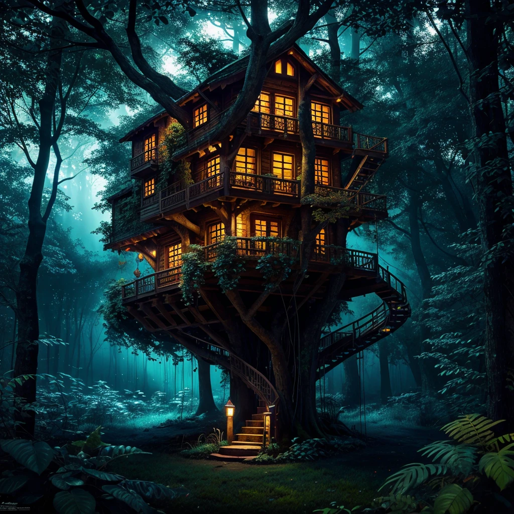 Night dream tree house, glowing softly with bioluminescent lights, nestled among dark foliage, digital art, fantasy, vibrant color, cool tone, backlighting, wide angle composition.