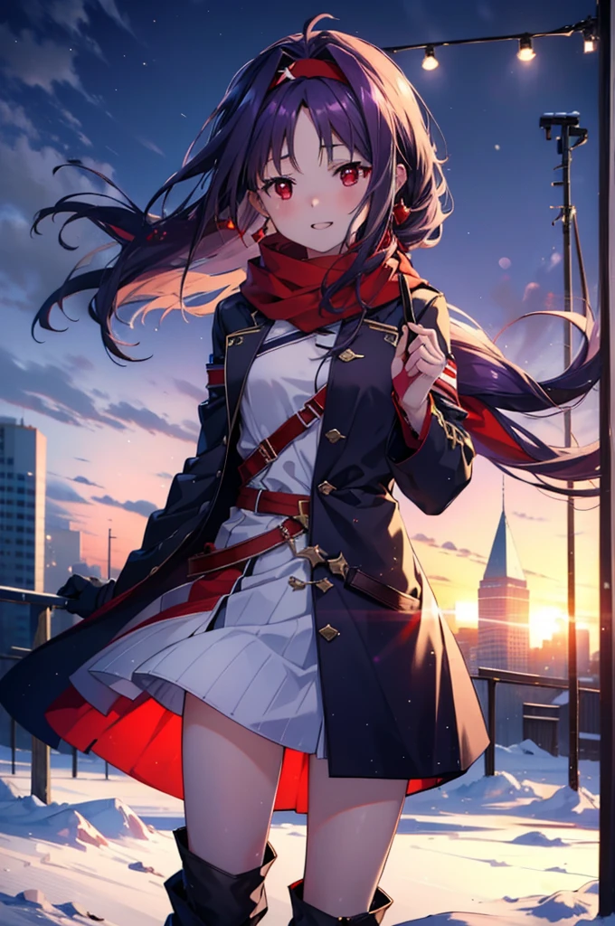 yuukikonno, Konno Yuuki, Long Hair, Pointed Ears, Purple Hair, (Red eyes:1.5), (Small breasts:1.2), Open your mouth,happy smile, smile, Open your mouth,hair band,low ponytail,Red Scarf,Purple long coat,sweater,Long skirt,short boots,snowが降っている,snowが降り積もっている,snow,snow,snow,snow,winter,Cold night,Walking,whole bodyがイラストに入るように,Looking down from above,
break looking at viewer, whole body,
break outdoors, In town,
break (masterpiece:1.2), Highest quality, High resolution, unity 8k wallpaper, (figure:0.8), (Beautiful attention to detail:1.6), Highly detailed face, Perfect lighting, Highly detailed CG, (Perfect hands, Perfect Anatomy),