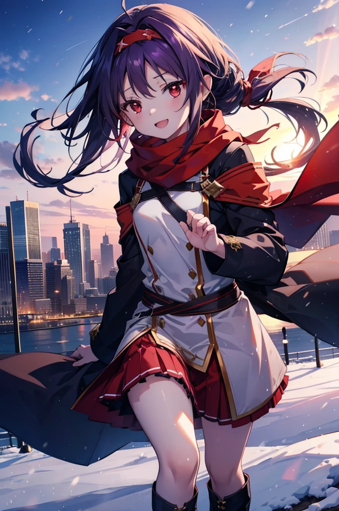 yuukikonno, Konno Yuuki, Long Hair, Pointed Ears, Purple Hair, (Red eyes:1.5), (Small breasts:1.2), Open your mouth,happy smile, smile, Open your mouth,hair band,low ponytail,Red Scarf,Purple long coat,sweater,Long skirt,short boots,snowが降っている,snowが降り積もっている,snow,snow,snow,snow,winter,Cold night,Walking,whole bodyがイラストに入るように,Looking down from above,
break looking at viewer, whole body,
break outdoors, In town,
break (masterpiece:1.2), Highest quality, High resolution, unity 8k wallpaper, (figure:0.8), (Beautiful attention to detail:1.6), Highly detailed face, Perfect lighting, Highly detailed CG, (Perfect hands, Perfect Anatomy),