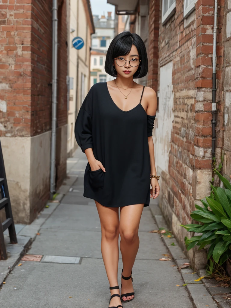 bob cut, black hair, rimless eyewear, mole under eye, solid circle eyes, BBW, short stature, (full body), 2girl, Embarrassed