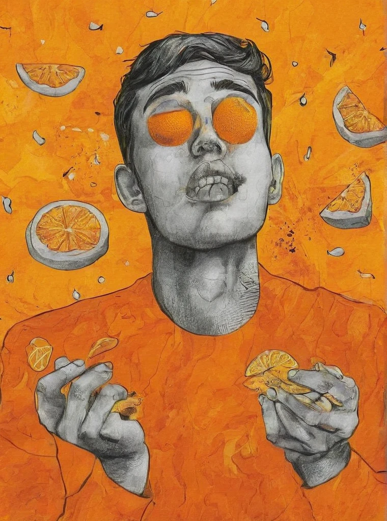 close your eyes, food, Male Focus, Orange background, Orange Theme, Traditional Media, Yellow background, Yellow theme , Pop Surrealism ,