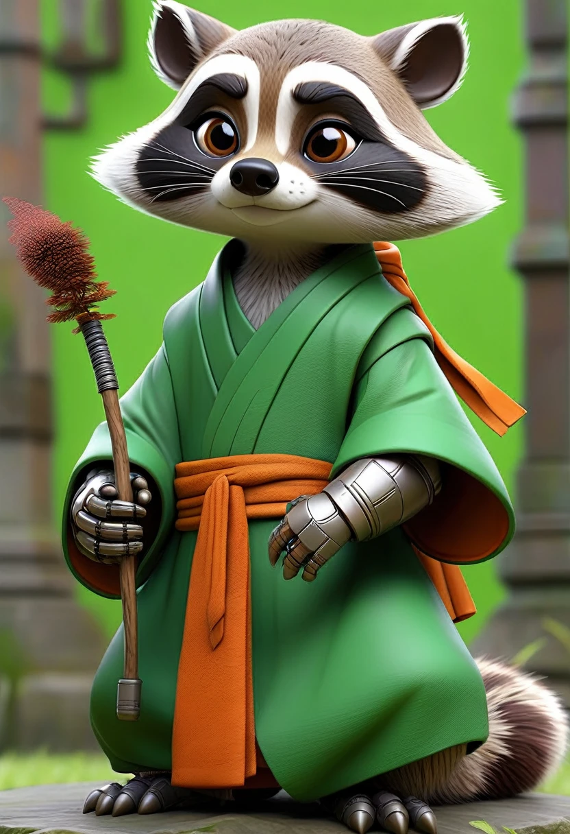 masterpiece, best quality, an robot anthropomorphic raccoon wearing a Buddhist monk robes, with a robot face, complete green background, drawn by pencil, digital art, art by Hiromu Arakawa, Osamu Tezuka, 8 k, beautiful drawing, highly detailed, concept art, sharp focus, ultra realistic illustration, anime++