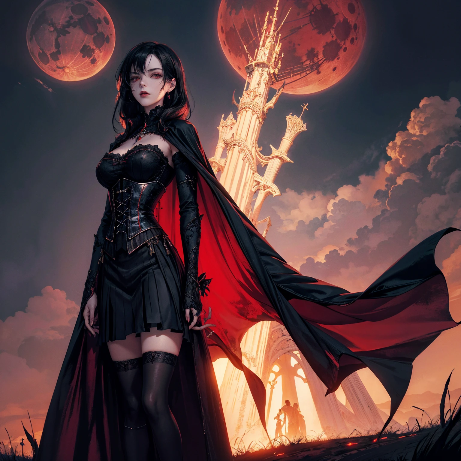 best quality, 4K, high resolution, masterpiece:1.2, Very detailed, actual:1.37, Mood lighting, Girl in a long cape, Wearing a tight gothic skirt that shows a little skin above the chest, Reflective glossy corset, Dangerous sneer, Black Hair, Standing, Face facing the camera, Crucified, Pitch black sky, Blood-red moon, strange atmosphere, Gothic style, Unforgettable beauty, Dramatic shadows, Ethereal Light, Mysterious atmosphere.