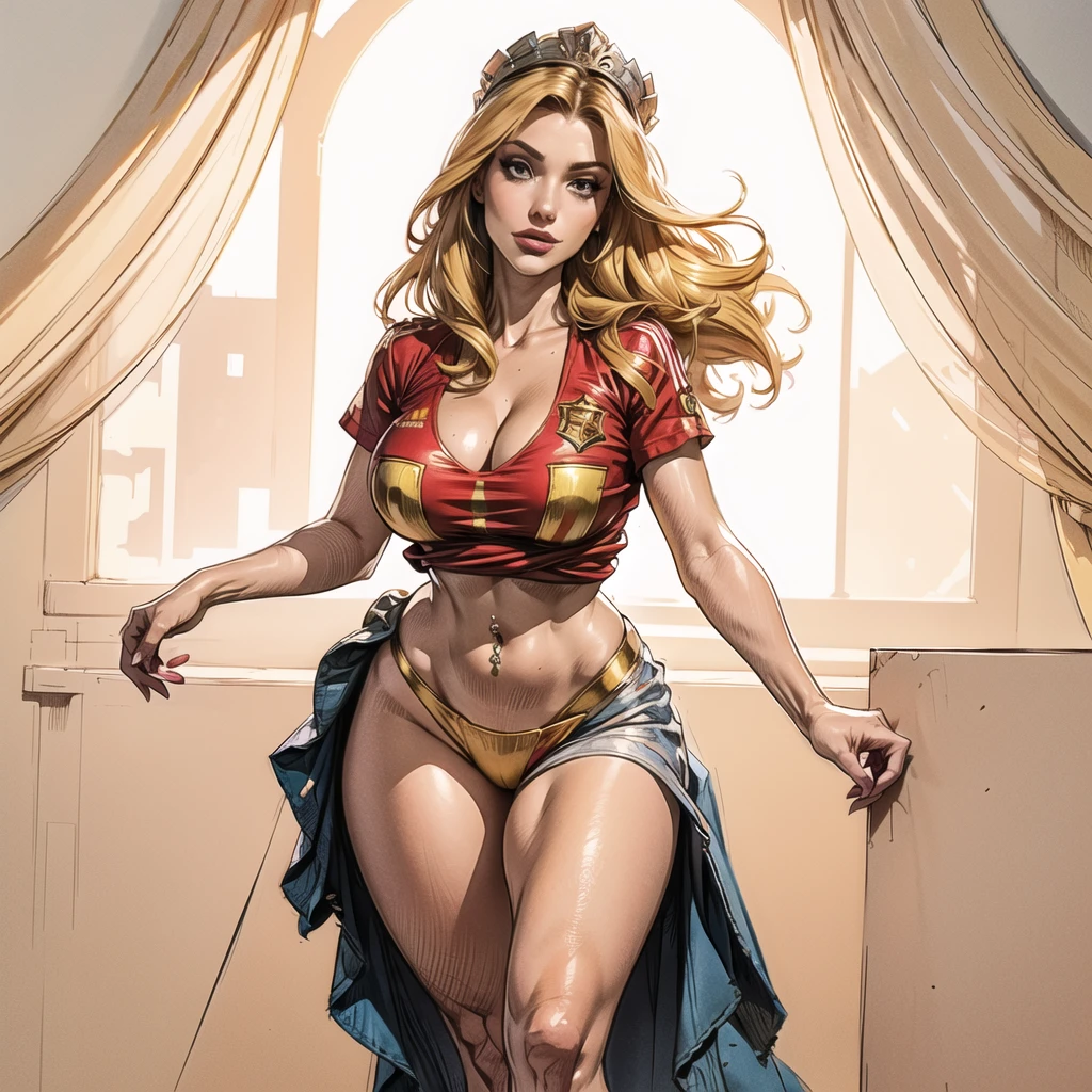 (((((sexy))))), ((ultrahigh resolution, great quality)), (((8k, photo and raw, best quality, masterpiece, hyperrealistic))), incredible, extremely detailed, sharp focus, real person, only one girl, ((1 very girl attractive and beautiful)), Detailed face, ((twenty one years)), ((model body, sexy body, slim body)), (((((Abigail Ratchford dressed with the shirt of the Spanish soccer team, the Spanish soccer shirt, cheering from the stands of the Berlin soccer stadium, very sexy Spain shirt, red soccer shirt of the Spanish team, very little makeup, playboy photo style, captivating and tempting, posing smiling, Abigail Ratchford, Realistic, sensual look, sexy, Instagram model, Sensual, sexy smile, sensual posing, natural pose, happy and sexy expression, goddess, perfect physical proportions))))), ((beautiful smile, sexy smile)), ((perfect mouth)), ((perfect legs)), navel piercing, (Beautiful face), sinuous look, sexy look, half smile, stitching, smooth skin, ((detailed skin)), cinematic lighting, (((perfect detailed and pretty eyes))), ((Highly detailed body, perfect body measurements)), ((detailed and tempting lips)), ((marking body clothes, Marked breasts, Generous cleavage)), 1 navel, rosy cheeks, ((Juicy and sexy lips, perfect lips)), naughty smile, wild and sexy hair, Full body view, ((masterpiece)), (((best quality))), (((ultra high))), (((hyperrealistic))), (((photorealistic))), Highly detailed CG unit 8k wallpaper, shot style, complex, High detail, Dramatic, Highest Quality Movie Still Image, Masterpiece, Best Quality, Realistic Ultra Detailed Rendering Style, ((Natural Light)), Crisp Characte, DSLR, Fujifilm XT3, intricate details, natural photography, (sketch effect)