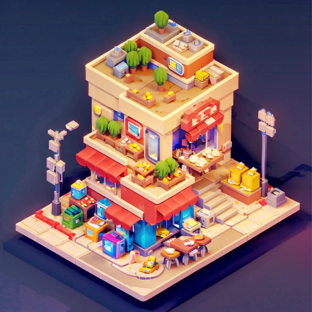 Convenience store,Street Lights,Outdoor dining tables and chairs,crossroads,Gas station,car,Isometric Art, 3D Isometric, Isometric pixel art,Simple background,toon