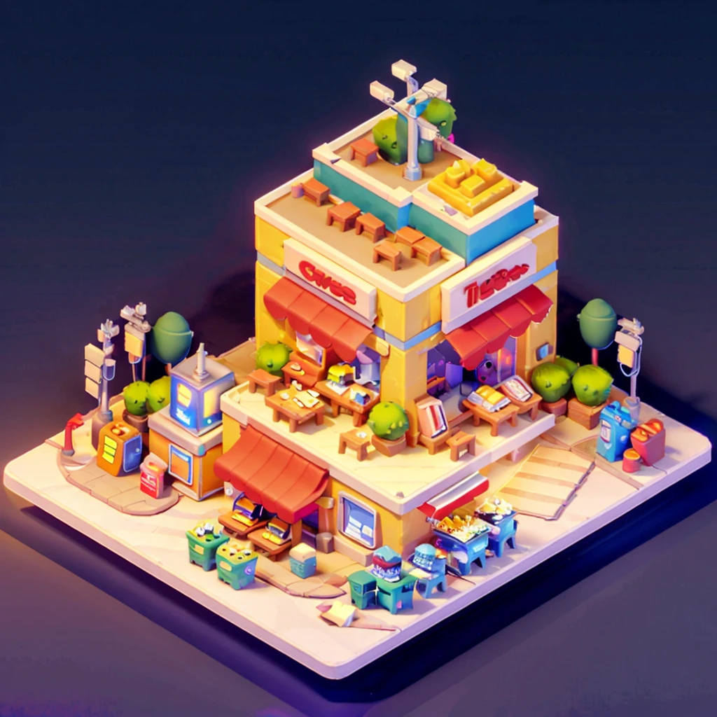 Convenience store，Street Lights，Outdoor dining tables and chairs，crossroads，Gas station，car，Isometric Art, 3D Isometric, Isometric pixel art，Simple background，toon