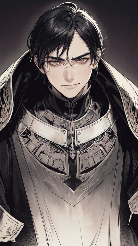 Highest quality, (background_detailed), expensive_Contrast, detailed_original_figure, Warrior, Muscular, Villain Face, Armor, full_body, Medieval, Wrinkles between the eyes, Young people, 20-year-old male, dark_stitch_landscape, (dramatic_Lighting:1. 25), (Shaded_background:1.2), black_hair, (short black hair:) 1.1 ), Big numbers, Delicate face, Wicked Smile, Sharp eyes, Black background, (Black background:1.5), Beautiful line art, 白black
