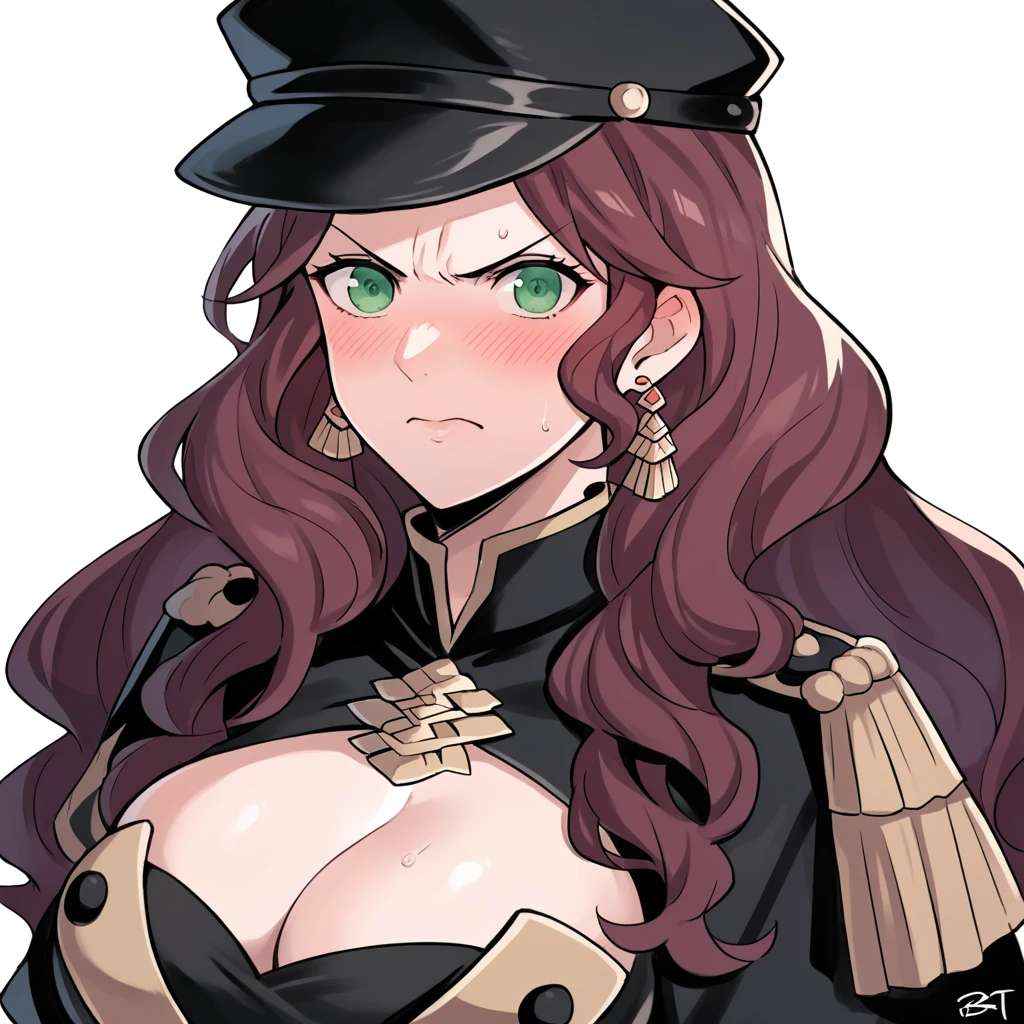 score_9, score_8_up, score_7_up, source_anime, Dorothea (Fire Emblem), bust shot, mldortgm, black headwear, (black uniform), brown hair, dangle earrings, gold trim, green eyes, jewelry, large breasts, cleavage, long hair, black peaked cap, black hat, looking at the viewer, angry facial expression, closed mouth, blush, sweat