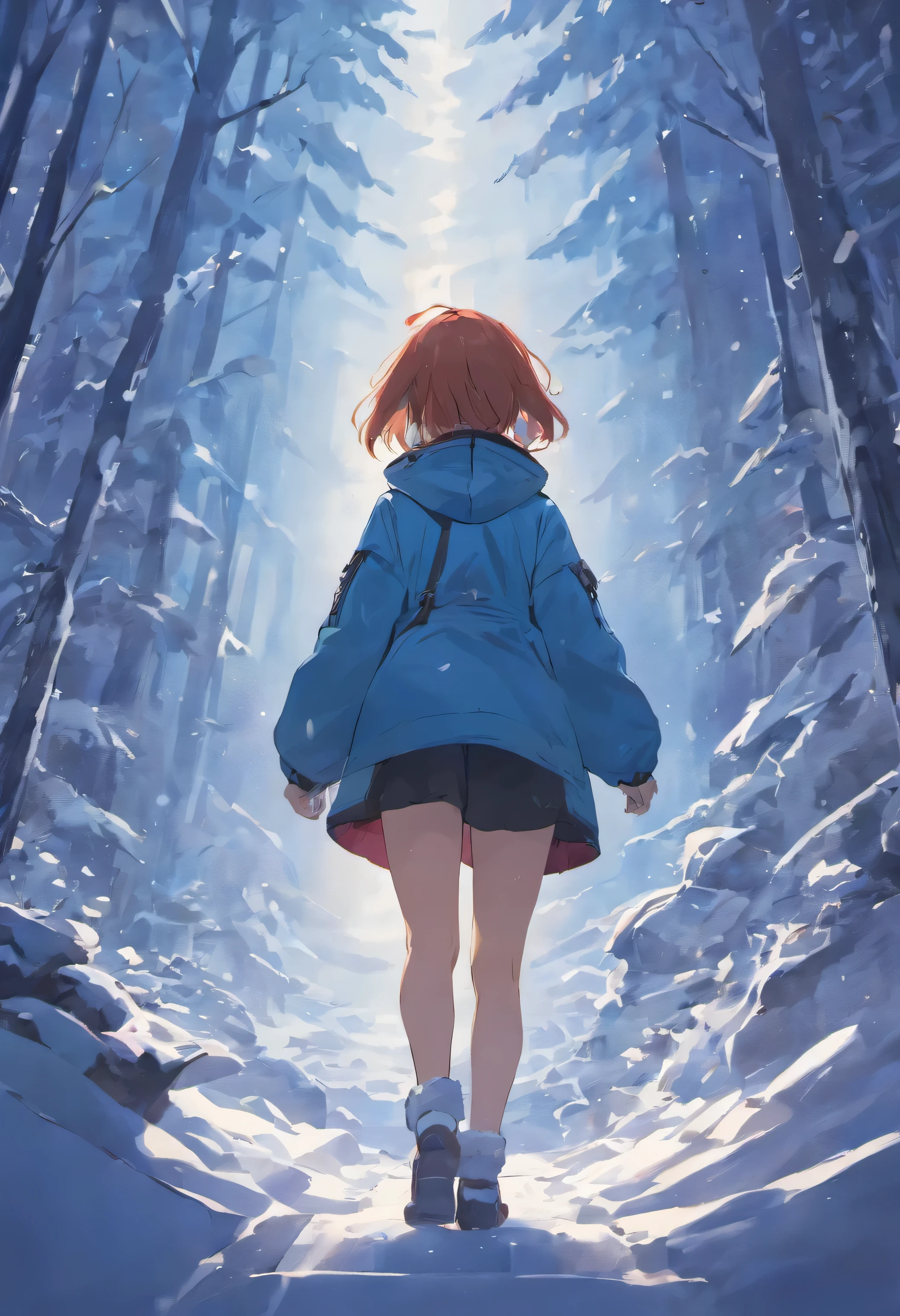 Broad lens,A girl walks towards the top of a snowy mountain,Back shadow,Go ahead,full bodyesbian,mountain peaks,Solo,tmasterpiece,Beautiful